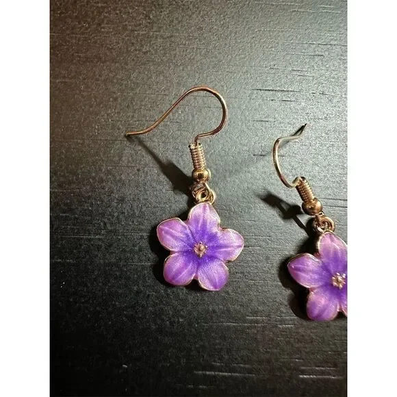 Handmade Purple Flower Enamel Dangle Earrings - Picture 2 of 4